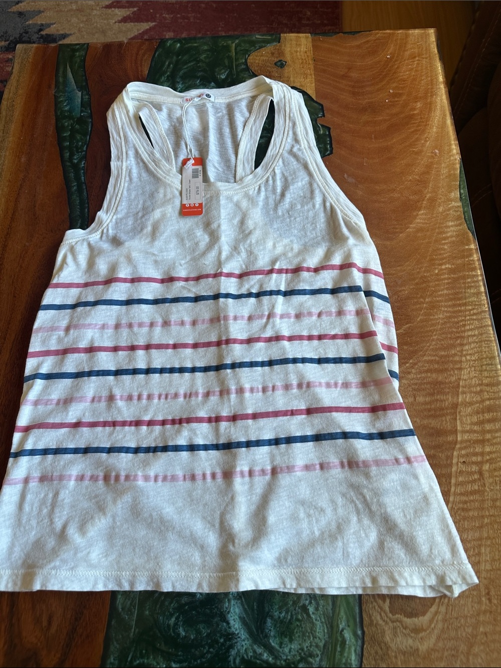 Sundry White Racerback Tank with Pink & Navy Stripes